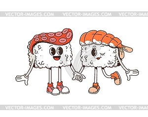 Cartoon retro groovy sushi characters couple - vector image