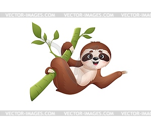Cartoon cute sloth character hang of tree branch - vector image
