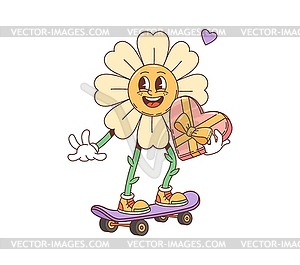 Мультяшный заводной цветок-Валентинка на скейтборде - клипарт в векторном формате