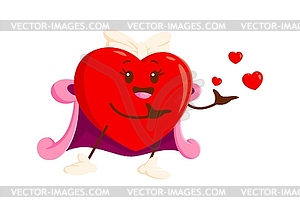 Cartoon love heart girl character sends kisses - vector image