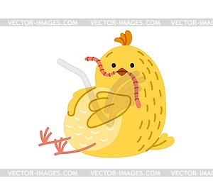 Cute chick with worm, adorable chickling - vector image