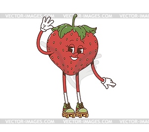 Cartoon strawberry groovy character on rollerblade - vector image