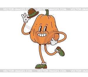 Cartoon pumpkin groovy character raise bowl hat - vector EPS clipart