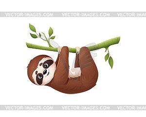 Мультяшное милое ленивое животное ленивец висит на ветке дерева - векторный клипарт / векторное изображение