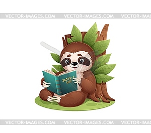 Cartoon cute sloth character reading book - vector EPS clipart