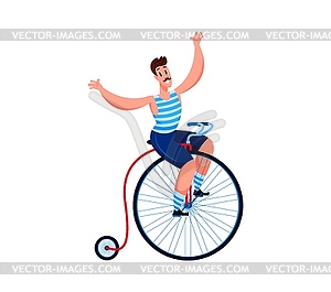 Cartoon circus character riding vintage bicycle - vector clipart