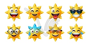 3D sun emoji, cool or cute yellow sunny characters - vector image