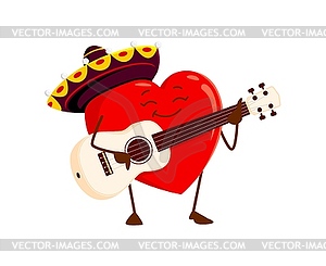 Cartoon love heart musician in mexican sombrero - vector image