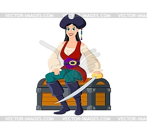 Cartoon woman pirate sits atop treasure trunk - vector clipart