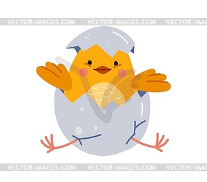 Cute cartoon chick peeks out of cracked eggshell - vector clipart