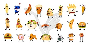 Cartoon cheerful takeaway fast food characters - vector clip art