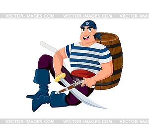 Cartoon sailor pirate man with swords and barrel - vector clipart
