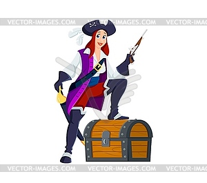 Cartoon woman pirate, armed with saber and gun - vector image