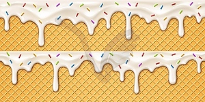 Реалистичные капли таяния мороженого на фоне вафель - векторный клипарт