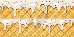 Realistic ice cream melt drip on wafer background - vector clipart