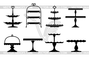 Wedding cake platter, stand tray silhouettes set - vector clip art