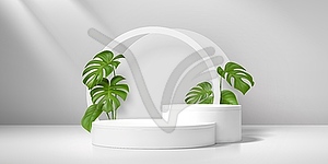 3d white product podium with green monstera leaves - vector clipart