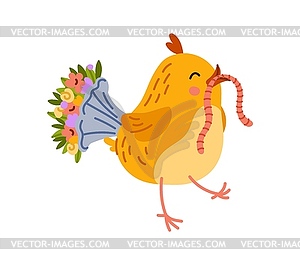 Adorable cartoon chick carries worm and bouquet - vector clipart