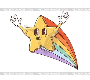 Cartoon groovy star character with colorful trail - vector clipart