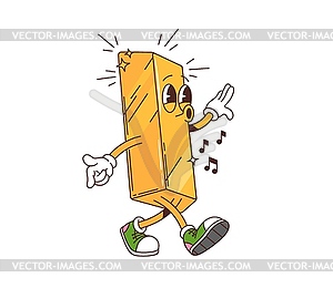 Retro groovy golden bar character singing joyfully - vector image