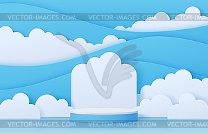 Подиум с вырезанными из бумаги облаками, бело-голубая сцена - векторное изображение EPS