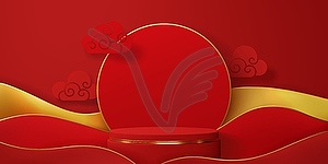 3d Chinese red podium stage with golden waves - vector image