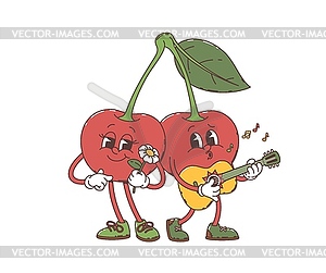 Cartoon retro groovy cherry twins characters - vector clip art