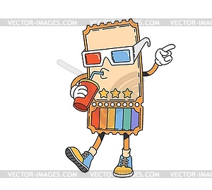 Groovy movie cinema ticket character with soda - vector clipart