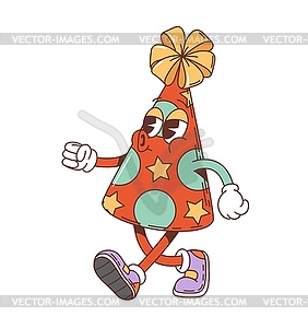 Retro groovy holiday party hat cartoon character - vector image