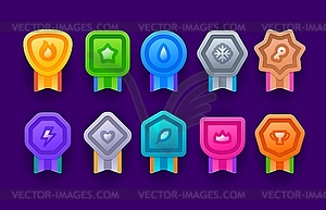 Game achievement medal badge, level rank icons - vector clipart