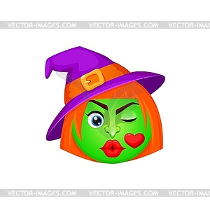 Cartoon Halloween witch emoji bewitching air kiss, - vector clipart