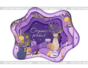 Paper cut banner with lavender skincare cosmetics - vector clipart