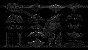 Futuristic wireframe mesh grid, abstract 3D shapes - vector clipart