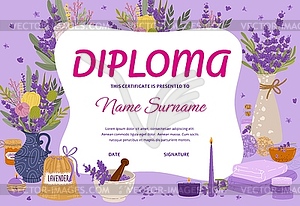 Cosmetic diploma with lavender flowers, skincare - vector clip art