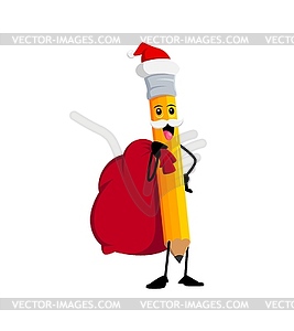 Cartoon Christmas pencil clutching bag of gifts - vector image