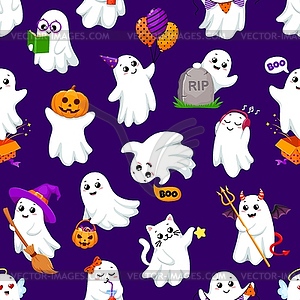 Kawaii Halloween ghost characters seamless pattern - vector image