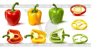 Realistic ripe raw bell pepper vegetable 3d set - vector clip art