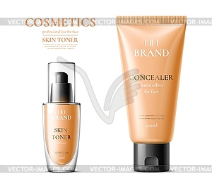Concealer tube and skin toner bottle 3d package - vector image
