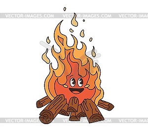 Campfire retro groovy travel character, camp fire - vector EPS clipart