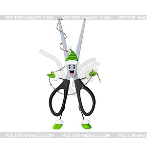 Cartoon Christmas scissors with lights garland - vector clip art