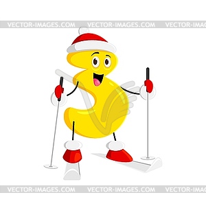 Cartoon number three Christmas skier character - vector clipart