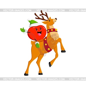 Cartoon Christmas apple rides majestic reindeer - vector image