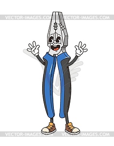 Retro groovy pliers tool character, repair device - vector clipart