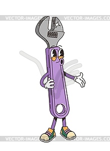 Retro groovy adjustable wrench tool character - vector image