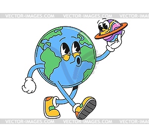 Cartoon Earth planet retro groovy character - vector clipart