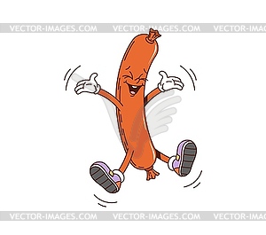 Cartoon sausage retro groovy breakfast character - vector clipart