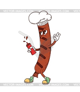 Sausage retro groovy barbeque grill character - vector clipart