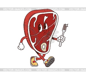 Steak retro groovy barbeque grill meat character - royalty-free vector image