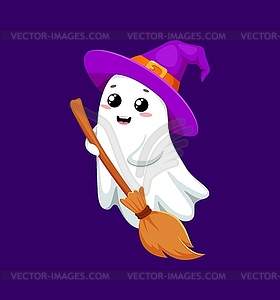 Cartoon cute kawaii Halloween ghost in witch hat - vector image