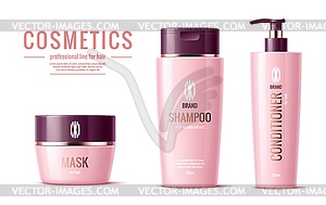 Hair shampoo, conditioner and mask pink packages - vector image